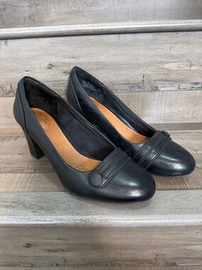 Clarks Black Leather Block Heel Pumps with Strap Accent